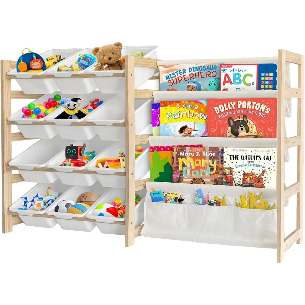 

Toy Storage Organizer with Bookshelf - 12 Storage Bins 4-Tier Multipurpose Shelf to Organize Toys and Books for Kids Room, Playr