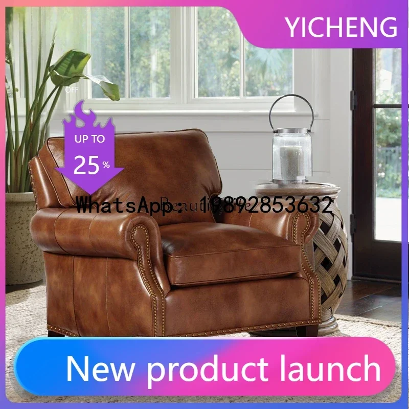 

1*American Country Full Leather Solid Wood Sofa Villa Living Room Vintage Oil Wax First Layer Cowhide