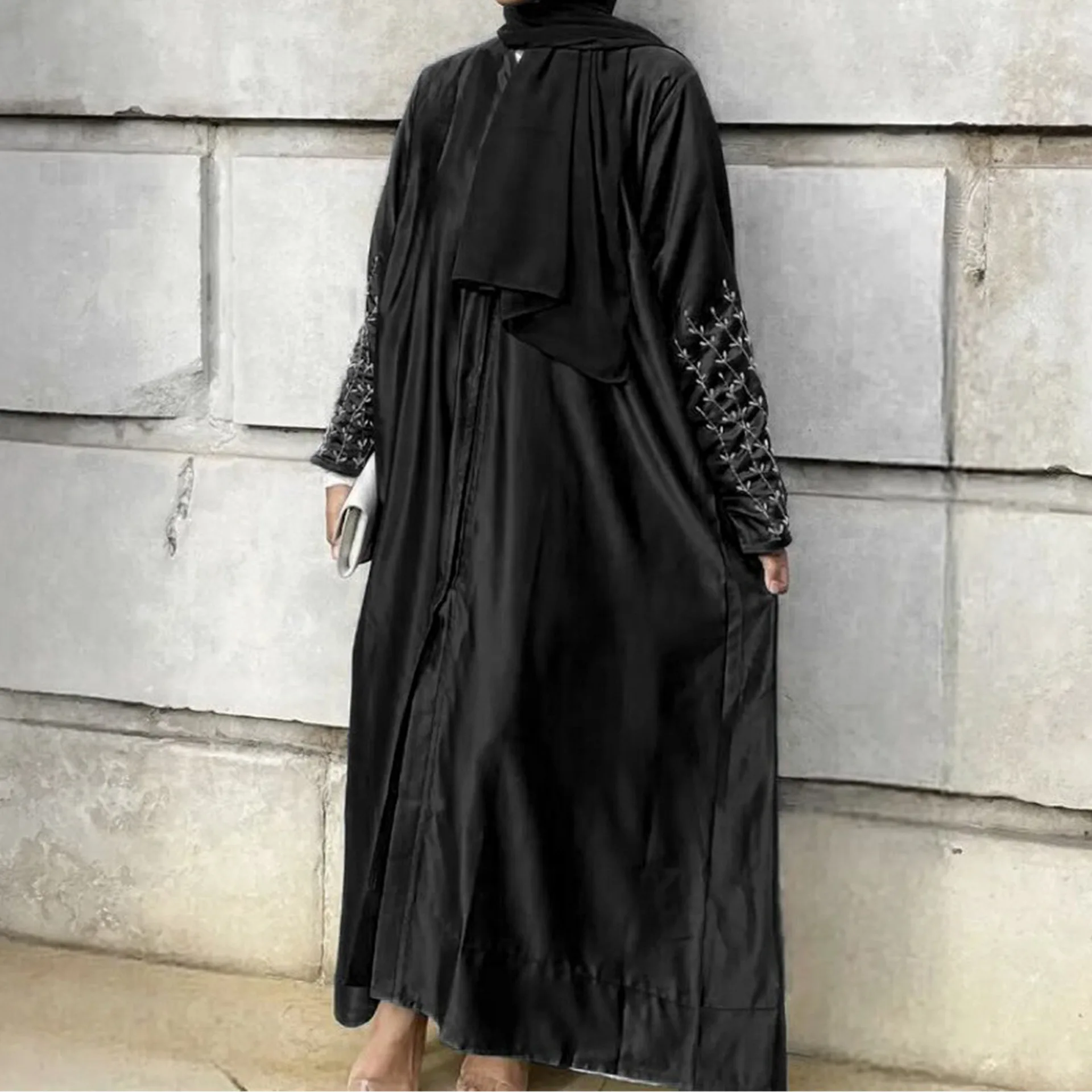 2023 Solid Color Handmade Beaded Dress Gown Muslim Open Abaya Cardigan with Belt Women Islam Clothing Kimono Femme Musulmane