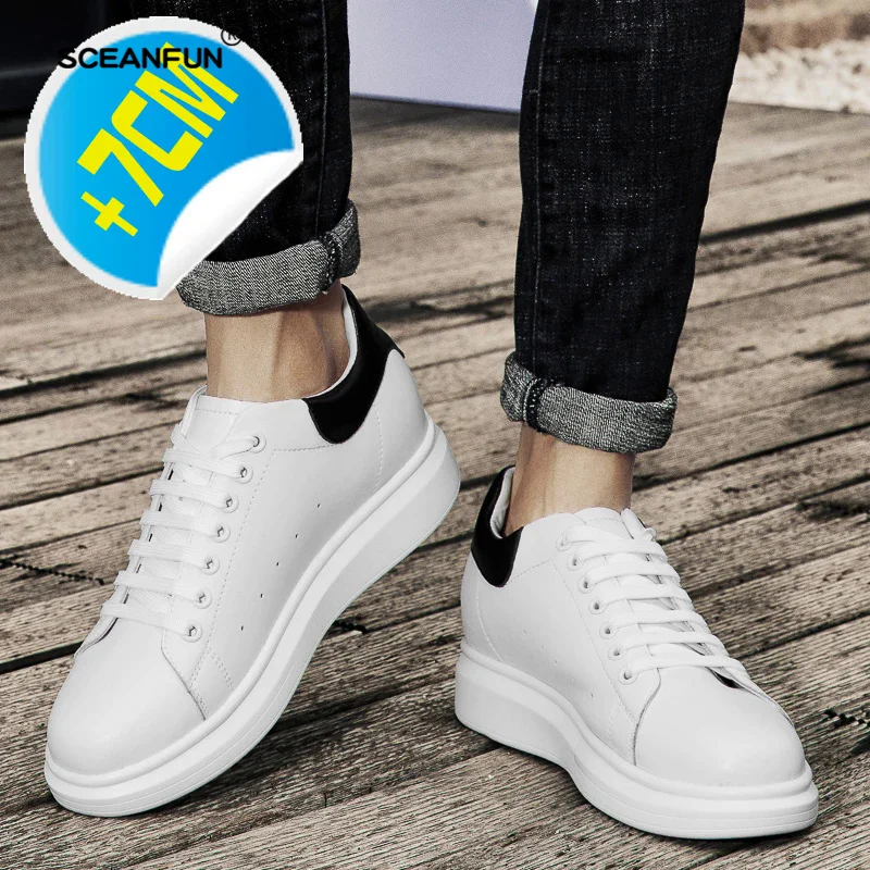 Men Fashion Lift Sneakers Man Elevator Shoes Taller Heel Men's Invisible Height Increasing Insoles 7CM Genuine Leather  Sports