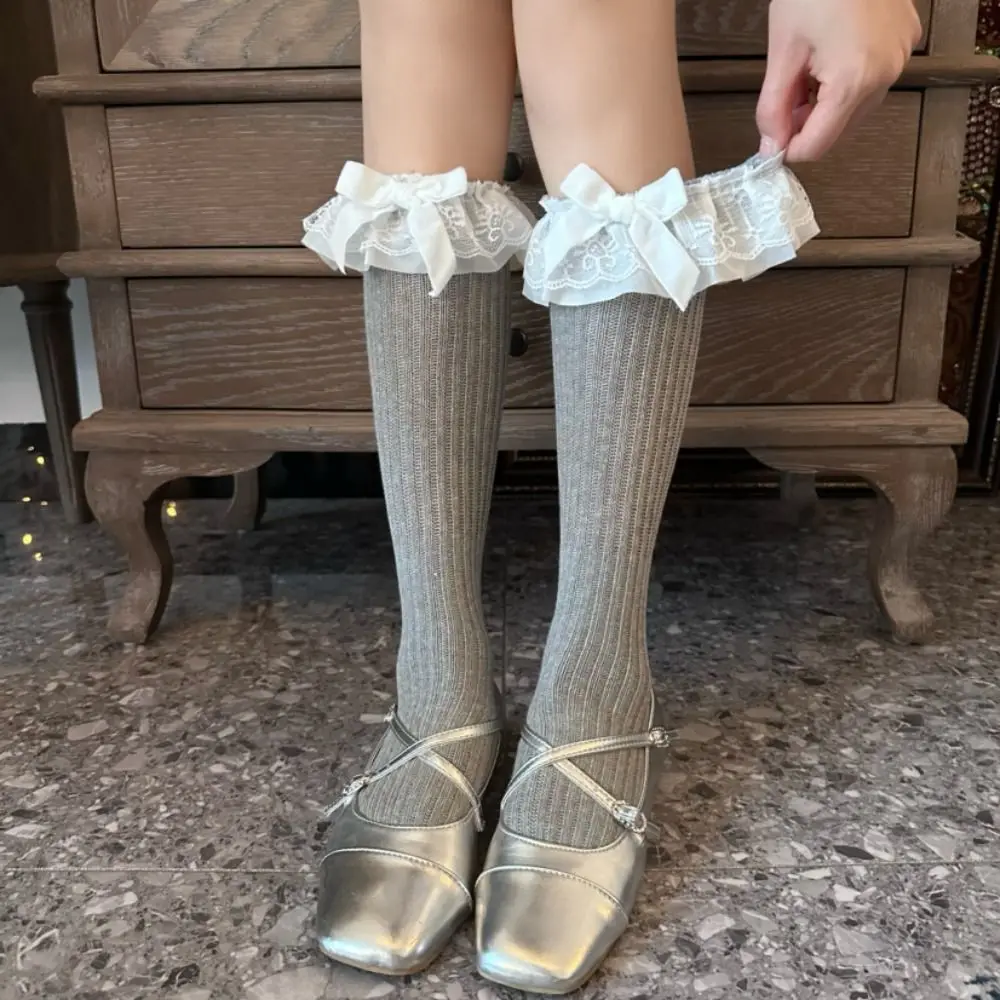 Fashion Loose Lace Ruffle Socks Bowknot Patchwork Cotton Tube Socks Hosiery JK Knitted Mid Calf Socks Uniform