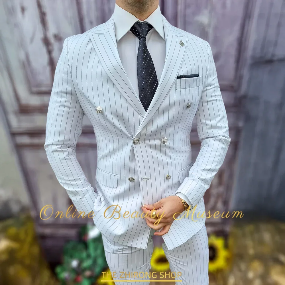 

Formal men's white suit 2pcs set with black stripe peak lapel jacket pants tailored slim fit for wedding groomen dance party