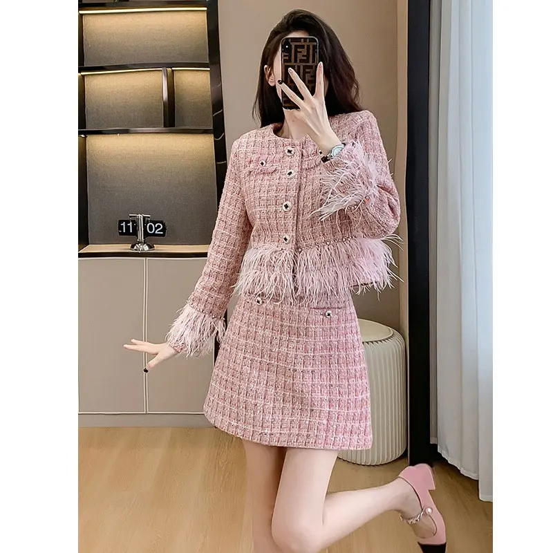 Women's Tweed Feather Tassel Coat And High Waist Slim Fit Skirt 2 Pcs Set Spring Autumn Small Fragrant Style Fashion Outfit
