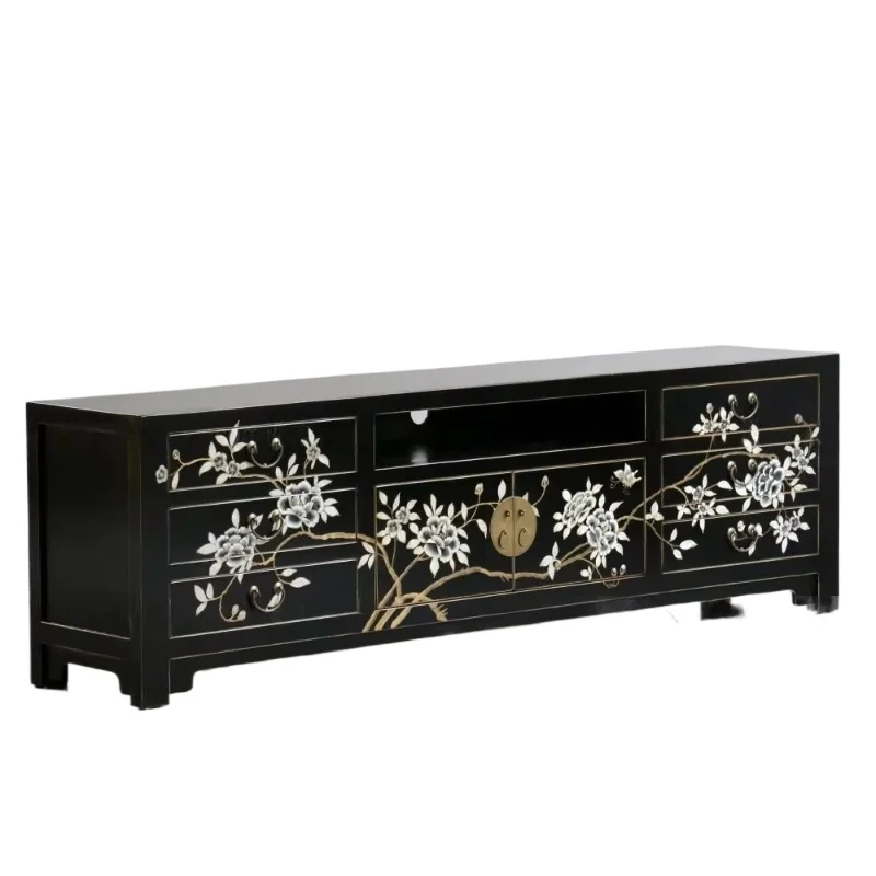 

Антикварный китайский черный твердый деревянный ТВ-консоль, ручная роспись, имитация цветка персика, старый шкаф для гостиной