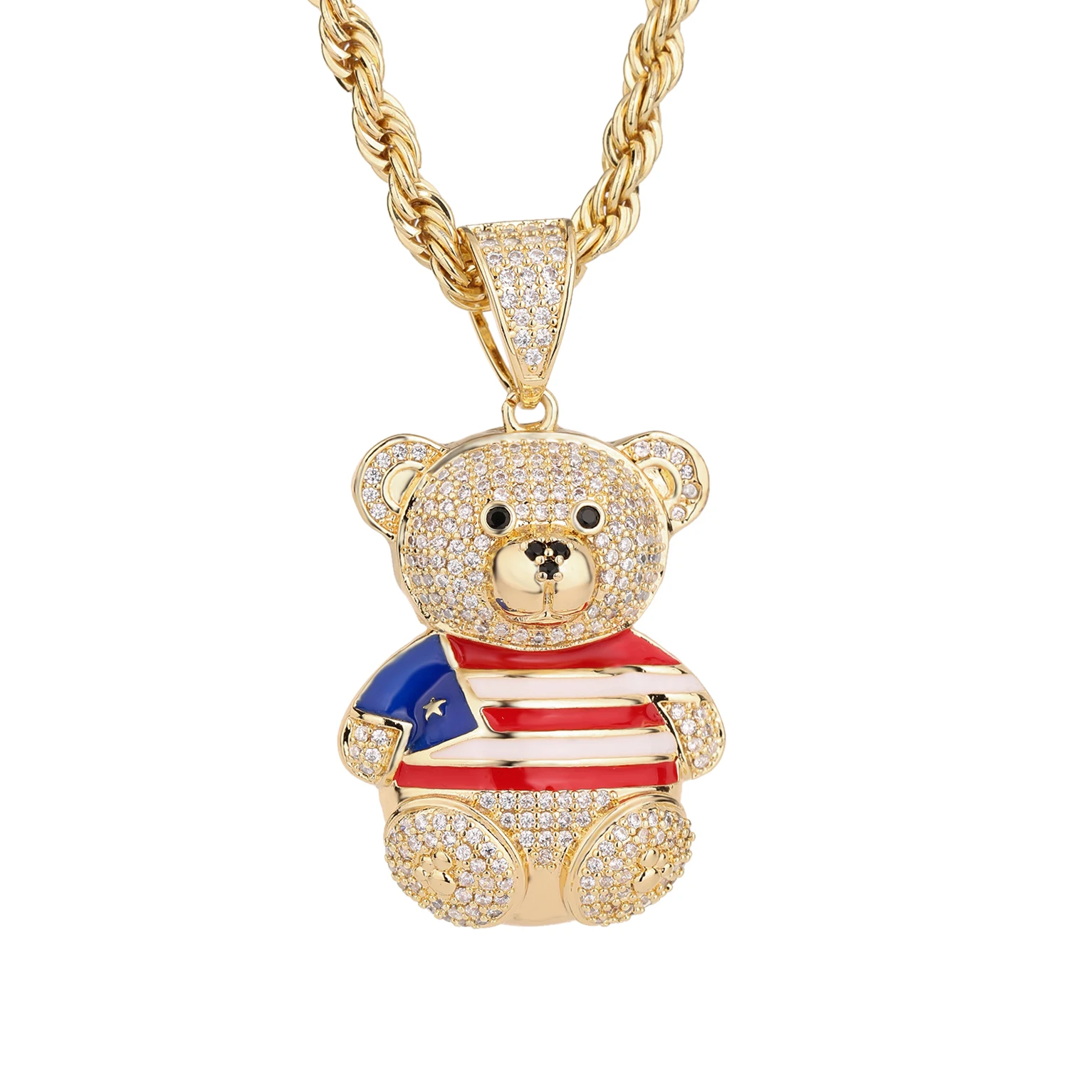 New Fashion Cute Bear Shape Colorful 14K Copper High Quality Hip Hop Zirconia Necklace Puerto Rico Pendant