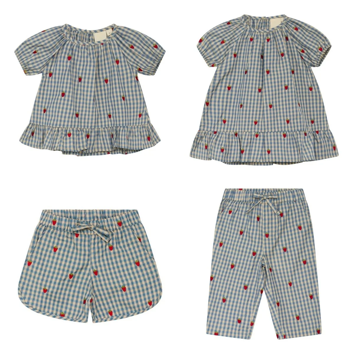 Summer Floess Children's Clothing Baby Girls Cotton Dress Plaid Strawberry Short Sleeve T Shirts Shorts Suits Kids Clothes
