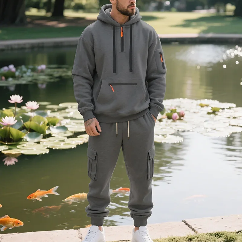 

Men's hooded sweatshirt set, two-piece set, front pocket zipper long sleeved pullover, thick loose sweatpants set