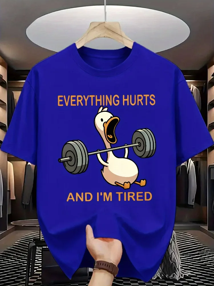 Mens Light Blue Tee Tired Weightlifting Duck Gym Funny Slogan Cartoon Crew Neck Short Sleeve Oversized Male Street Casual Top