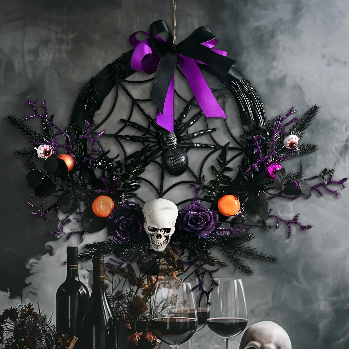 

Halloween Decoration Purple Simulation Skull Spider Pumpkin Garland Home Garden Scene Arrangement Decorative Artificial Wreath