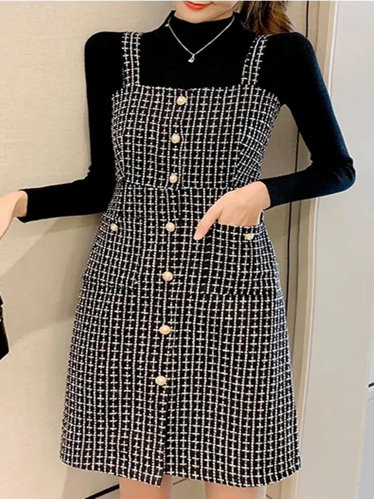 

SMTHMA 2024 New Arrival Spring Woolen Plaid Sexy Spaghetti Strap Dress Suit Luxury Ladies Temperament 2 Piece Dress Set