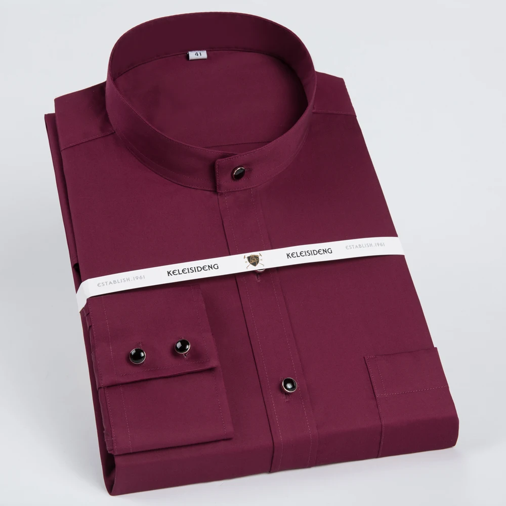 

Men's Banded Collar Long Sleeve Solid Dress Shirts Single Patch Pocket Standard-fit Formal Business Casual Blouse Cotton Shirt