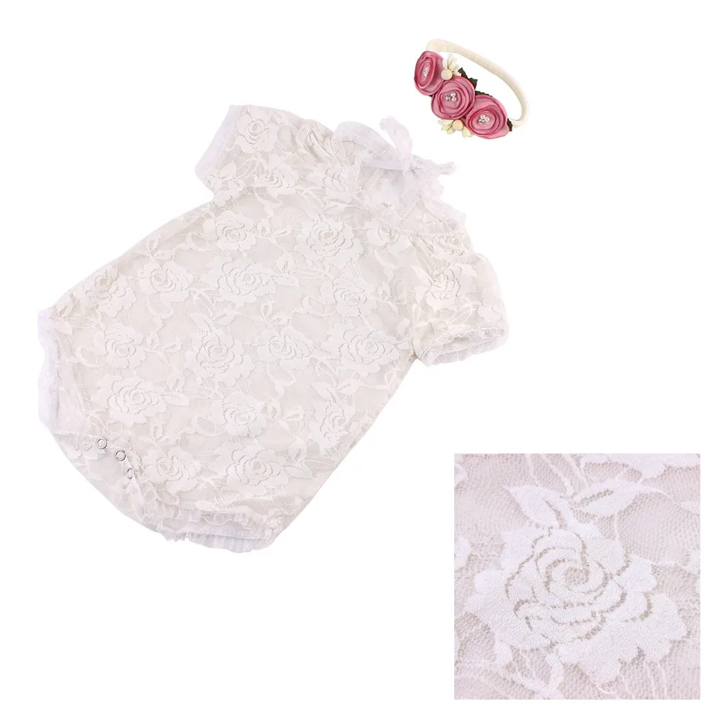 Newborn Baby Lace Bodysuit Romper with Hollow-Out Pattern Soft Breathable Cotton Jumpsuit for First Month 100 Days Photography - view 5
