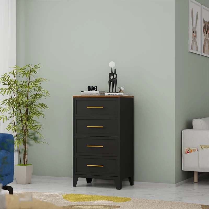 ！@Living Room Black Metal Storage Cabinet Drawer 4 Drawer Chest and Closet Organizers Tower Bedroom Dresser Steel&wood Combined