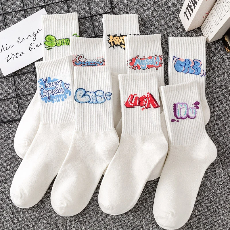 

Couple Stockings White Socks Unisex Uniform Size Long Tube Color Letter Socks Breathable Middle Barrel Sports Leisure For Lovers