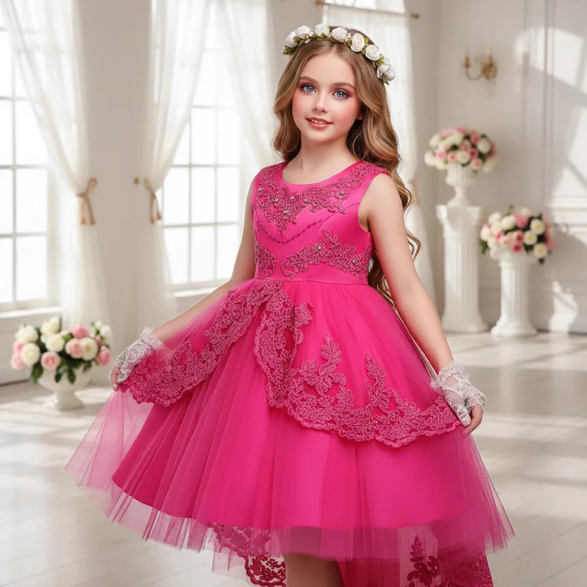 

Elegant Girl Princess Dress Tulle Tail Wedding Dress Fashion Lace Girls Party Dresses Piano Performance Costume Evening Gown