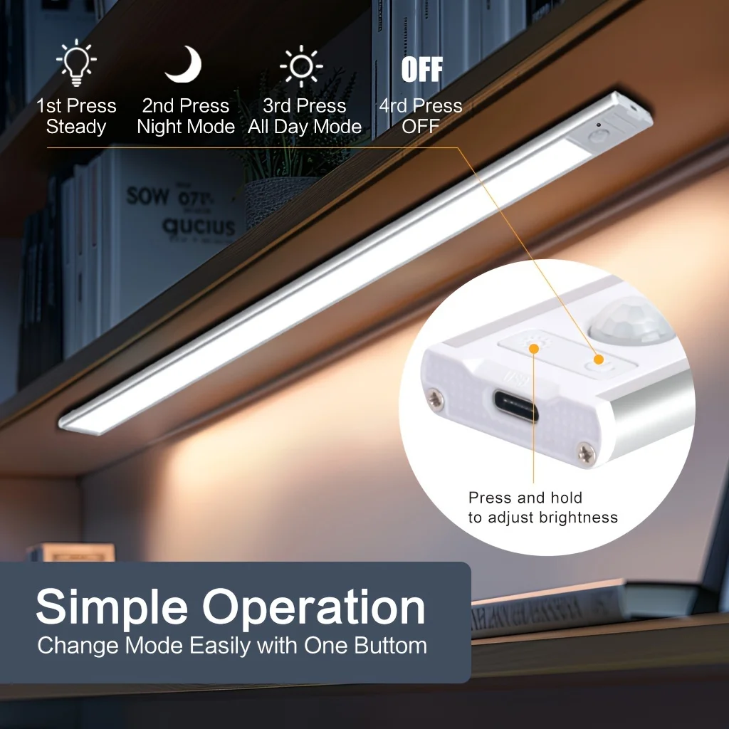 20-60cm LED Motion Sensor Light Night Wireless Lamp USB Battery Rechargeable Wall Under Cabinet For Bedroom Kitchen Lighting
