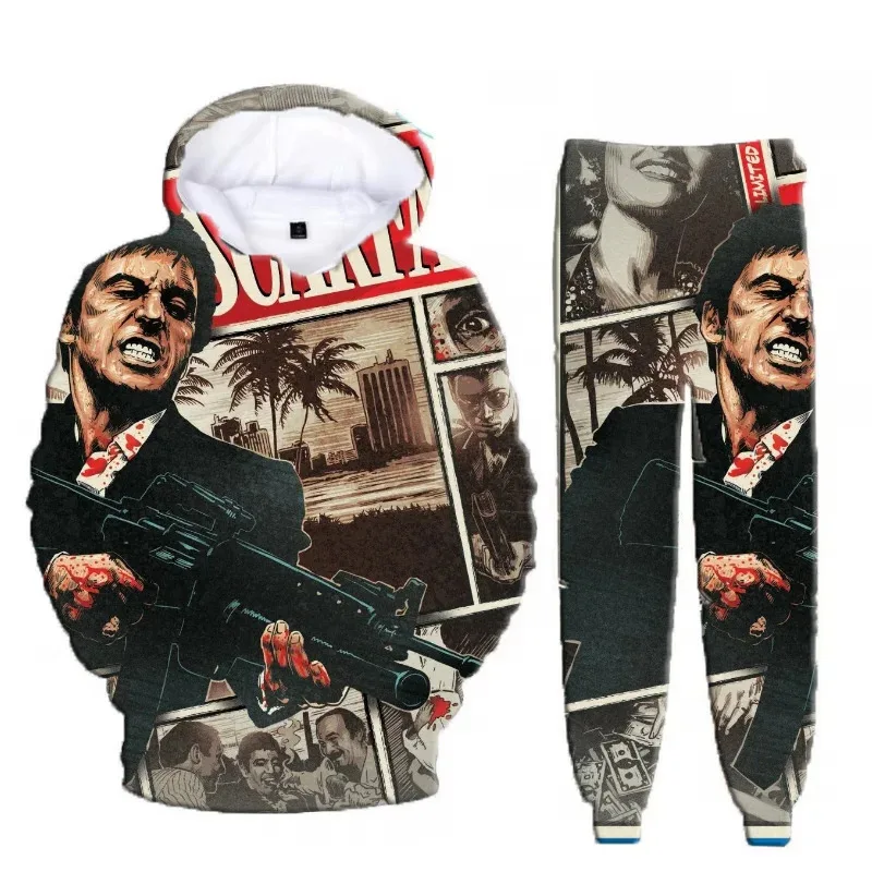 Gran oferta de película clásica Scarface Tony Montana, Sudadera con capucha con estampado 3D, traje para hombre, sudaderas, pantalones de chándal, conjunto de chándal informal de dos piezas