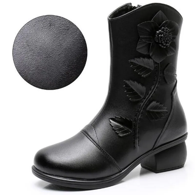 الفاخرة النساء أحذية امرأة اليدوية خمر جلد طبيعي أحذية بكعب منخفض جولة تو جودة عالية الشتاء موضة منتصف العجل الأحذية #1