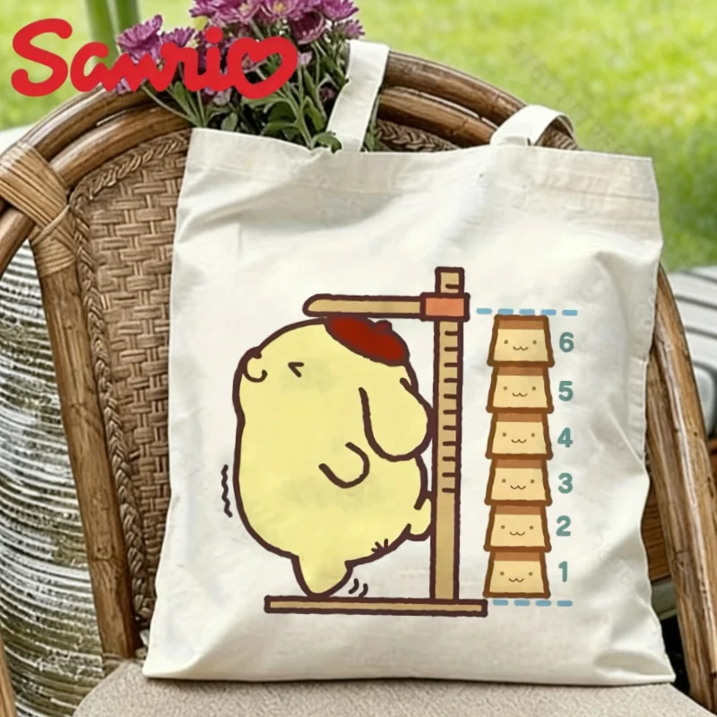 

1PC Kawaii Sanrio Pompompurin Measuring Height Canvas Tote Bag Eco Reusable Shoulder Shopper