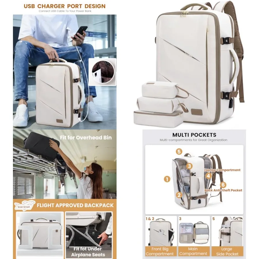 

Travel Carry on Backpack, Large 40L Personal Item Travel Bag for Men and Women Flight Approved with 3 Packing Cubes, Suitcase W
