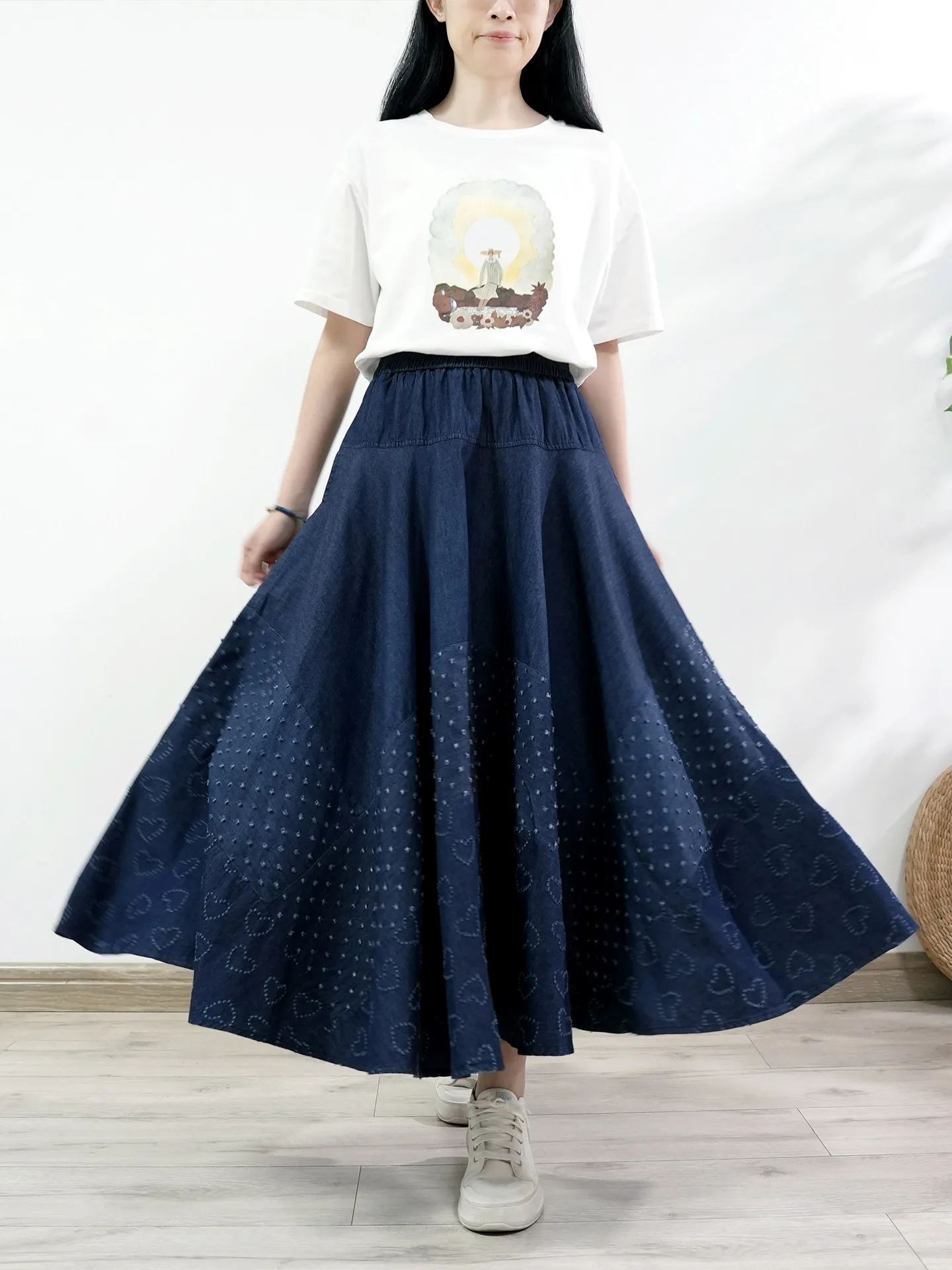 

TIYIHAILEY Denim Maxi Skirt Spring Summer Casual A-Line Long Elastic Waist Distressed Ripper Big Hem Deep Blue Jean 2026 New