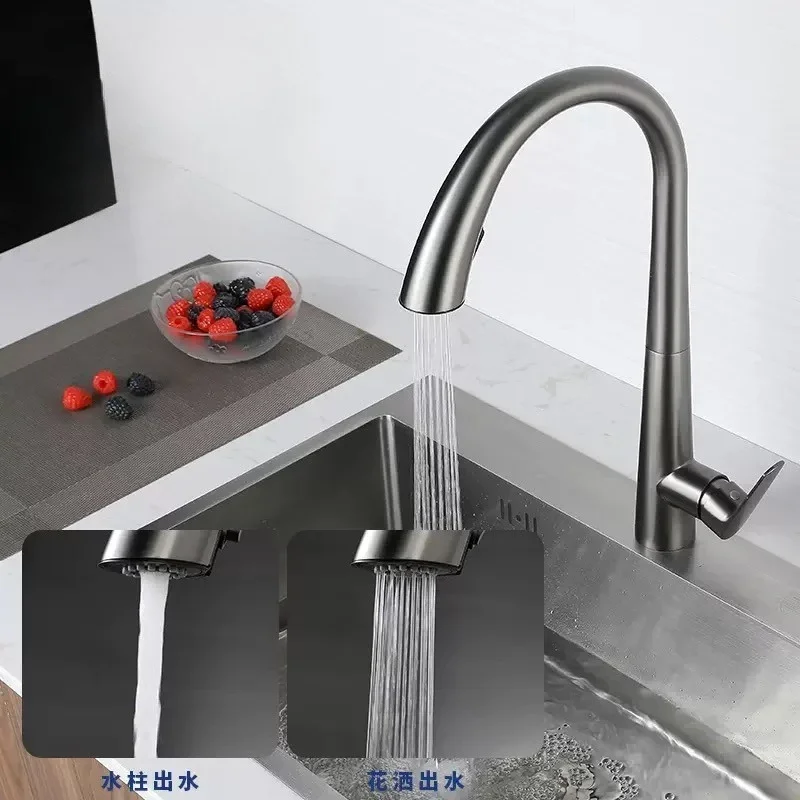 Kitchen Hot and Cold Faucet Pull-Out Stainless Steel Dual Outlet Sink Faucet Mixer Tap 360-Degree Rotatable Kitchen Faucet