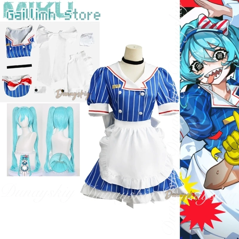 

Mikuku Cosplay With Blue White Dress Uniform Virtual Singer Anime Mesmerizer With Double Ponytail Wig Cosplay Costume All Of Set