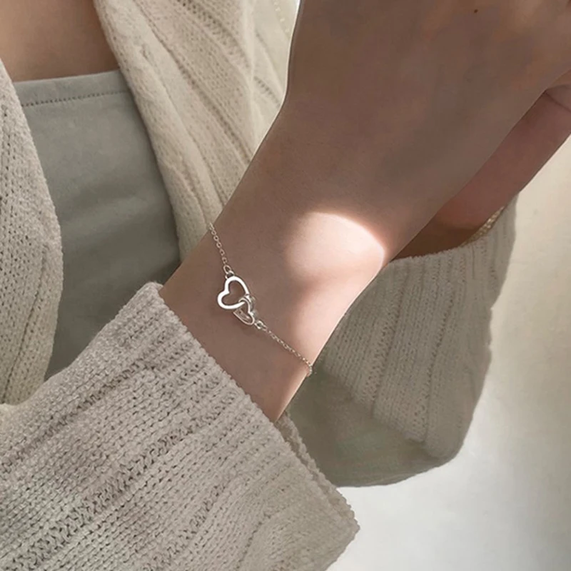 New Silver Color Double Heart Bracelet & Bangle for Women Fine Fashion Jewelry Wedding Party Gift New Trend