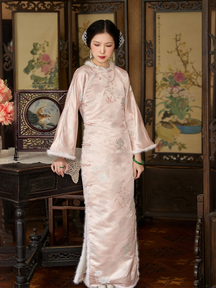 

Теплое женское длинное ципао из хлопка в стиле ретро, без воротника, с круглым вырезом, на полной застежке, с низким разрезом, по старинной технологии