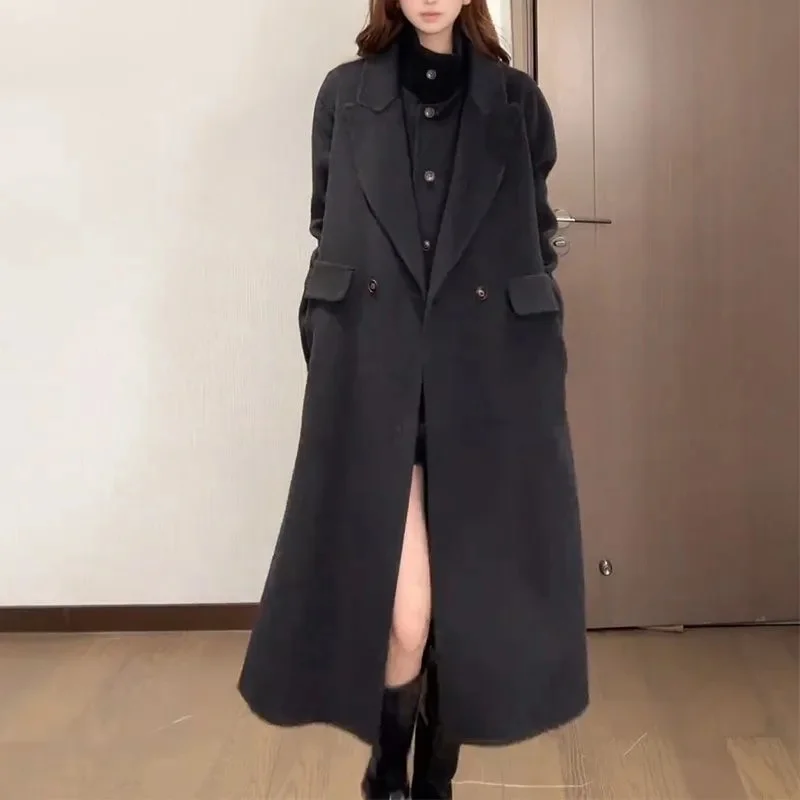 Nuovo cappotto di lana da donna 100% lana con risvolto a punta soprabito doppiopetto autunno inverno giacca lunga trench da donna