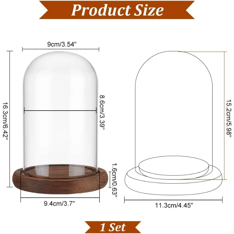 Eternal Flower Glass Display Dome Cloche, Glass Display with Coconut Brown Wood Pedestal Bell Jar Cloche for Valentine's Day