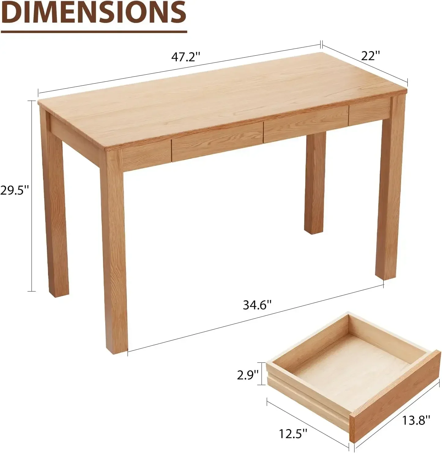 47Inch Solid Wood Desk Multi Purpose Home Office Study Gaming Table Computer Writing Desk Student Bedroom Natural Wood