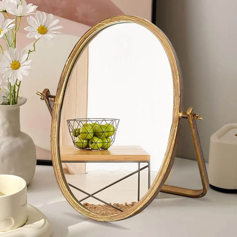 

Vanity Desk Table Mirror Decor-Oval Makeup Mirror 360 ° Adjustable Rotation,Golden Metal Framed Standing Mirrors,Boho Room Dec