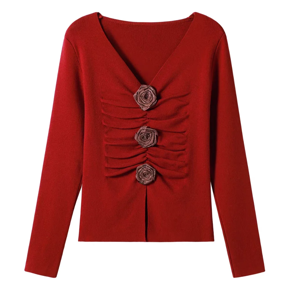 

Pleated Long Sleeved Knitwear Slim Fit Pullover 3D Rose Flower Top Autumn Spring Winter Bottoming Shirt Knitted Top for Women