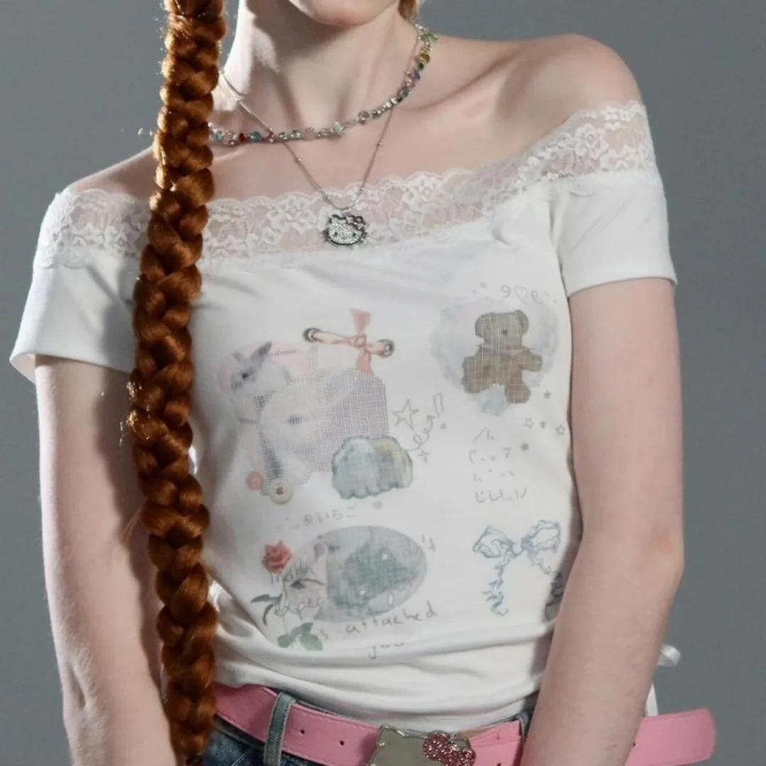 夏服女性の白落書きプリント Tシャツ原宿 Y2k Tシャツレトロ 90 年代美的半袖 Tシャツ 2000 年代