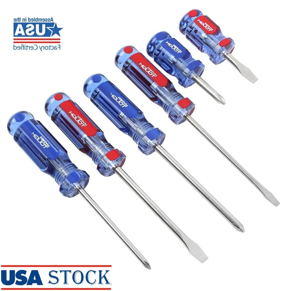 

6-Piece Screwdriver Set Acetate Handle Phillips and Slotted Color Coded Durable Nickel Plated Rust Resistant Heat Treated Carbon