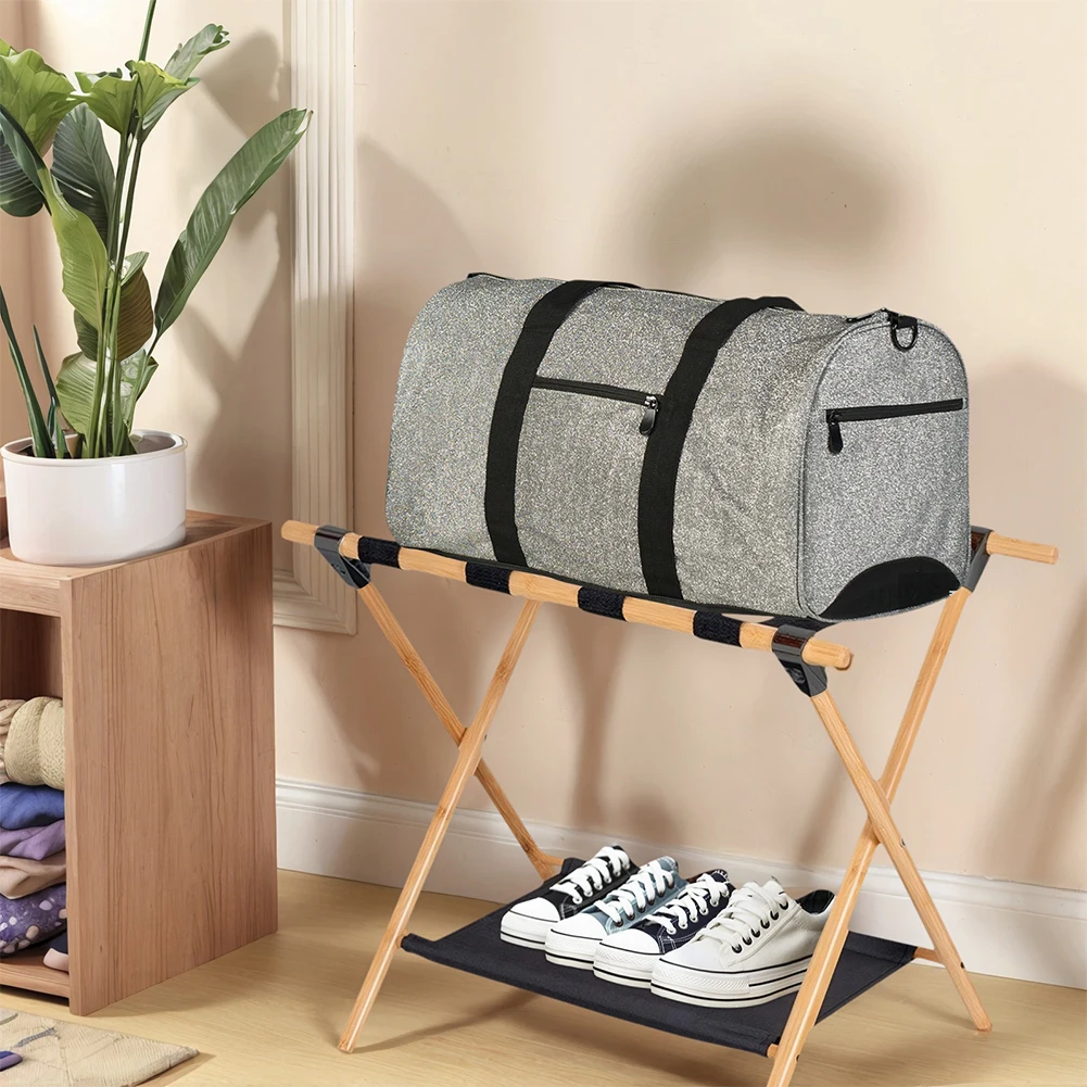 Bamboo Luggage Rack Foldable Suitcase Stand with Nylon Straps Luggage Stand for Guest Room Bedroom Hotel