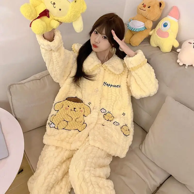 

New Sanrio Pompom Purins Pajama Set Coral Fleece Flannel Women Loungewear Autumn Winter Fleece Lined Thickened Cartoon Sleepwear