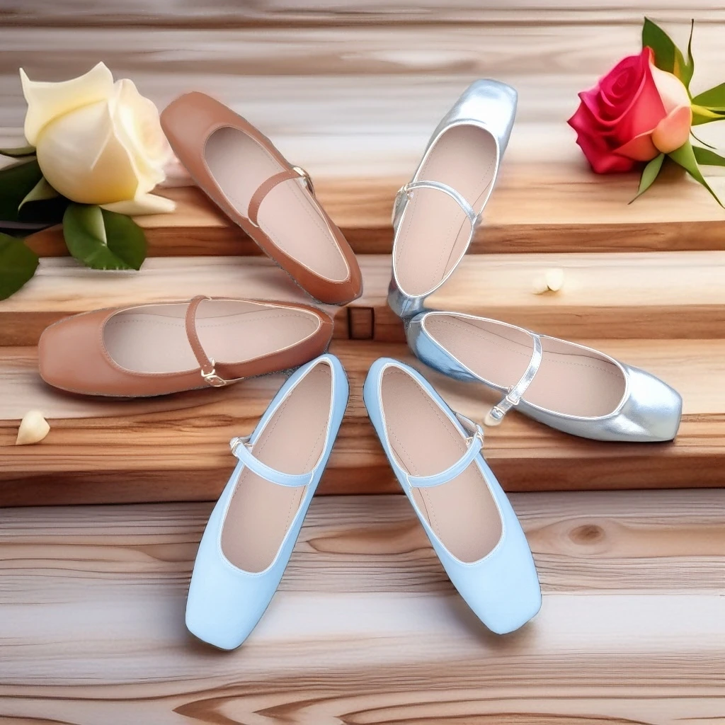 Fashion Flats shoes woman 2024 trend luxury designer Square Toe Ballet pink Shoes Mary Jane Casual Buckle Strap Female Shoes