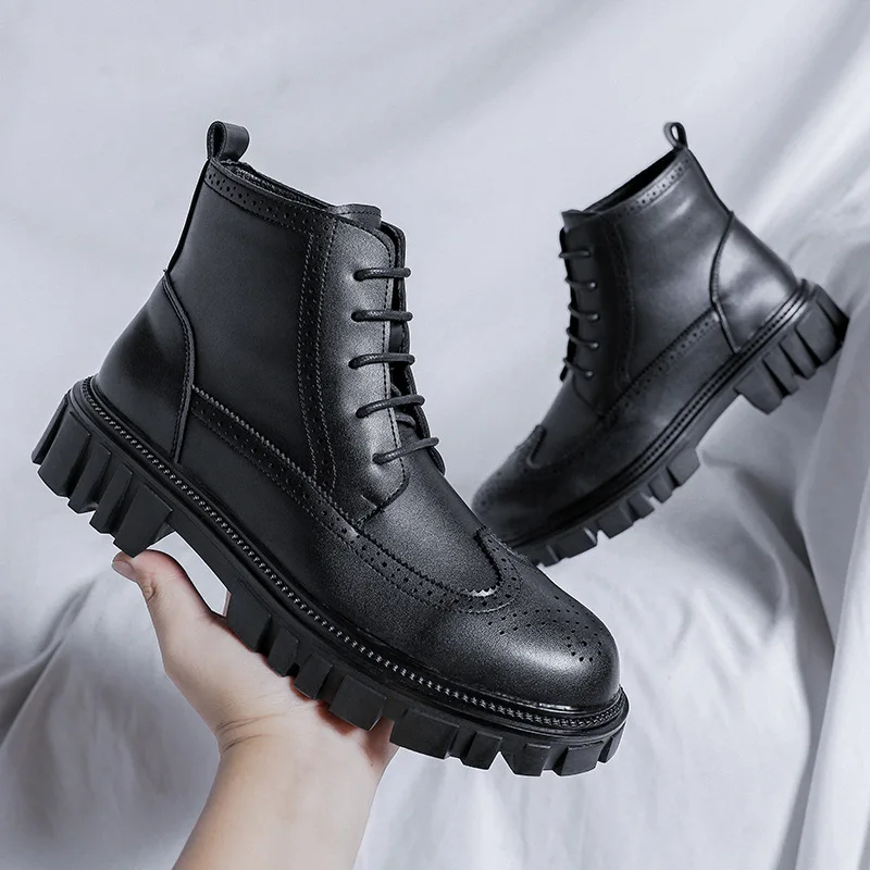 

men fashion original leather boots black carved brogue shoes party banquet dress cowboy platform boot breathable ankle botas man