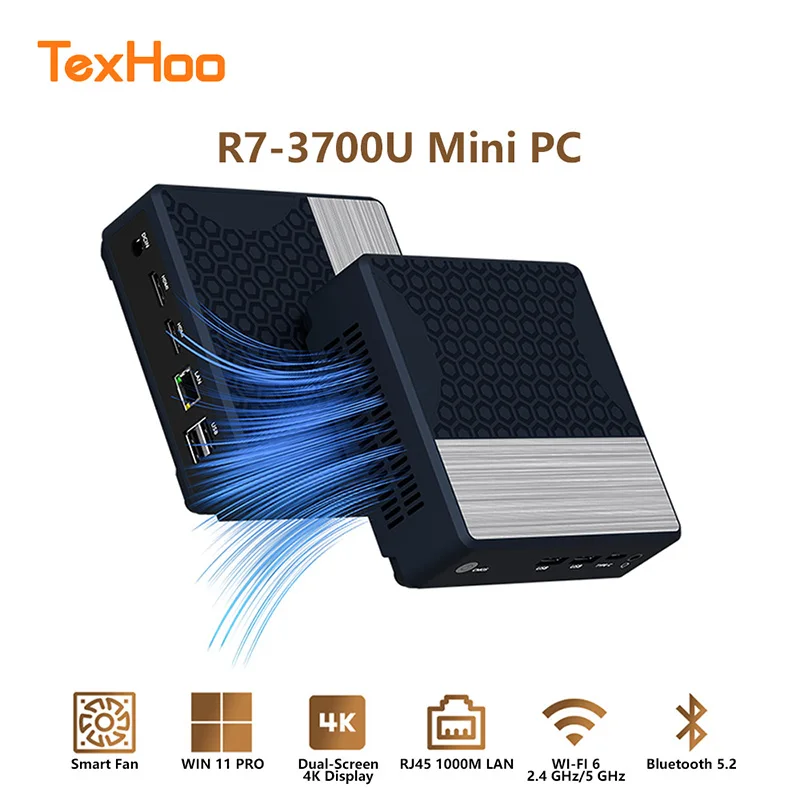 كمبيوتر TexHoo Mini، AMD R7-3700U/R5-3500U Win 11 Pro DDR4 2400MHz M.2 PCIE3.0 NVME SSD WiFi 6 BT5.2 كمبيوتر ألعاب مكتبي منخفض الطاقة