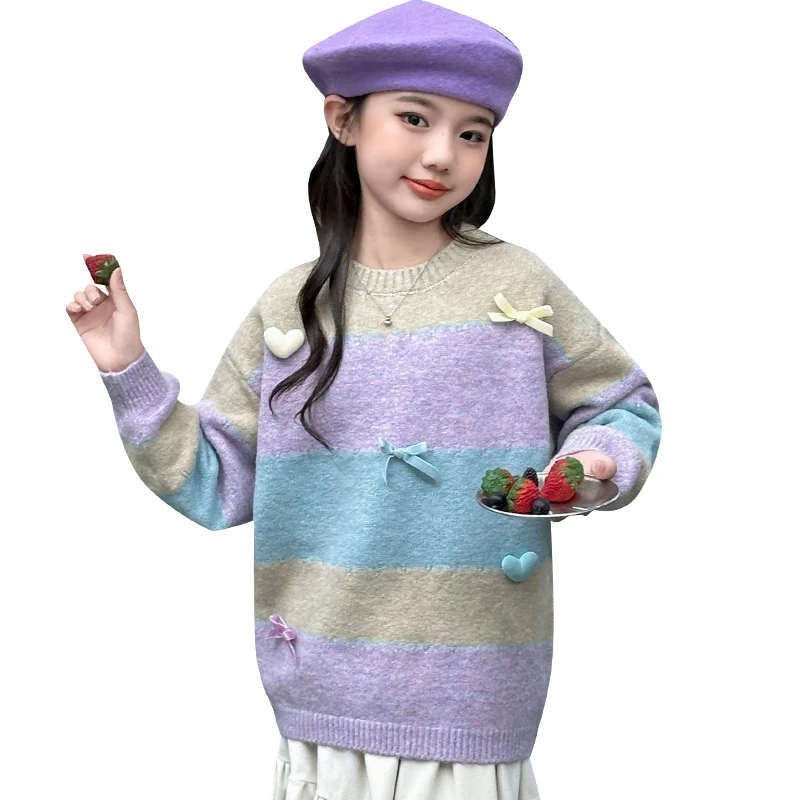 

New Fashion Kids Girl Autumn Colored Striped Sweater with Heart Application Teenage Child School Knitted Clothing Knitwear 5-14Y