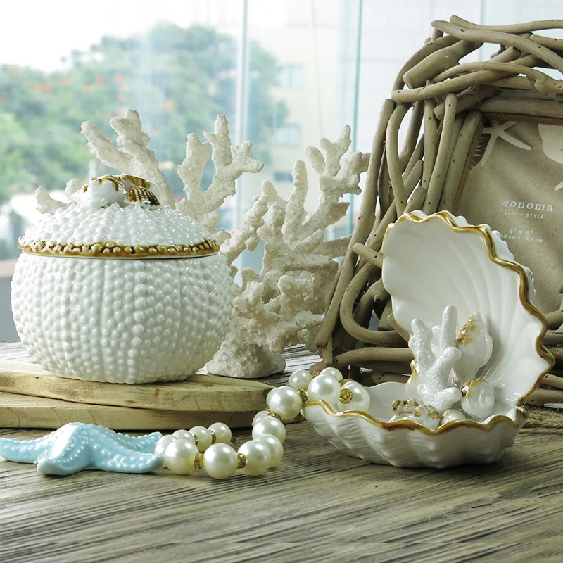 

European Home Decor Ornament, Minimalist Ocean-Style Storage Box, Shell Jewelry Organizer, Ceramic Decorative Box