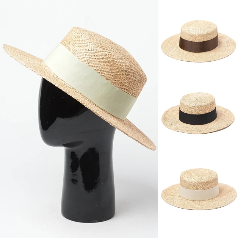 Summer Anti-UV Beach Dome Caps Breathable Folding Flat Straw for Sun Bucket Braid Hats with Wide Brim for Adult Drop shipping