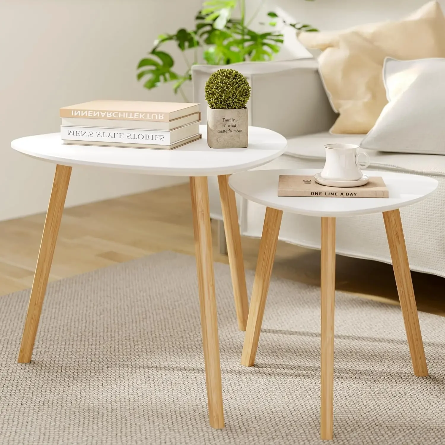 Modern Triangle Side Tables Set, Bamboo Nesting Tables for Living Room & Balcony Use