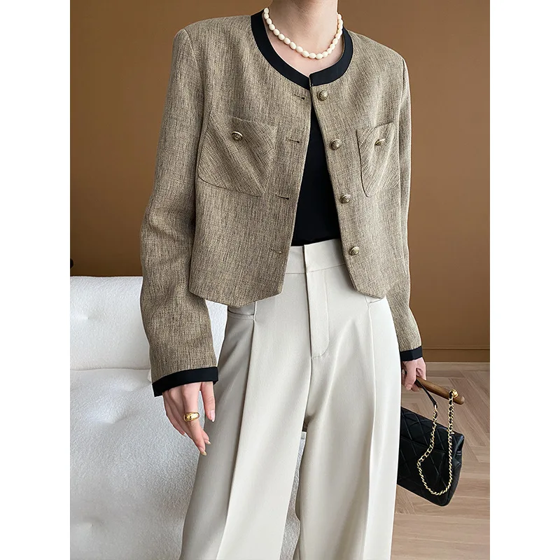 

Spring New Small Fragrance Suit Jacket Long Sleeve Khaki Casual Loose Round Neck Basic Korean Fashion Thin Tweed Women Coat