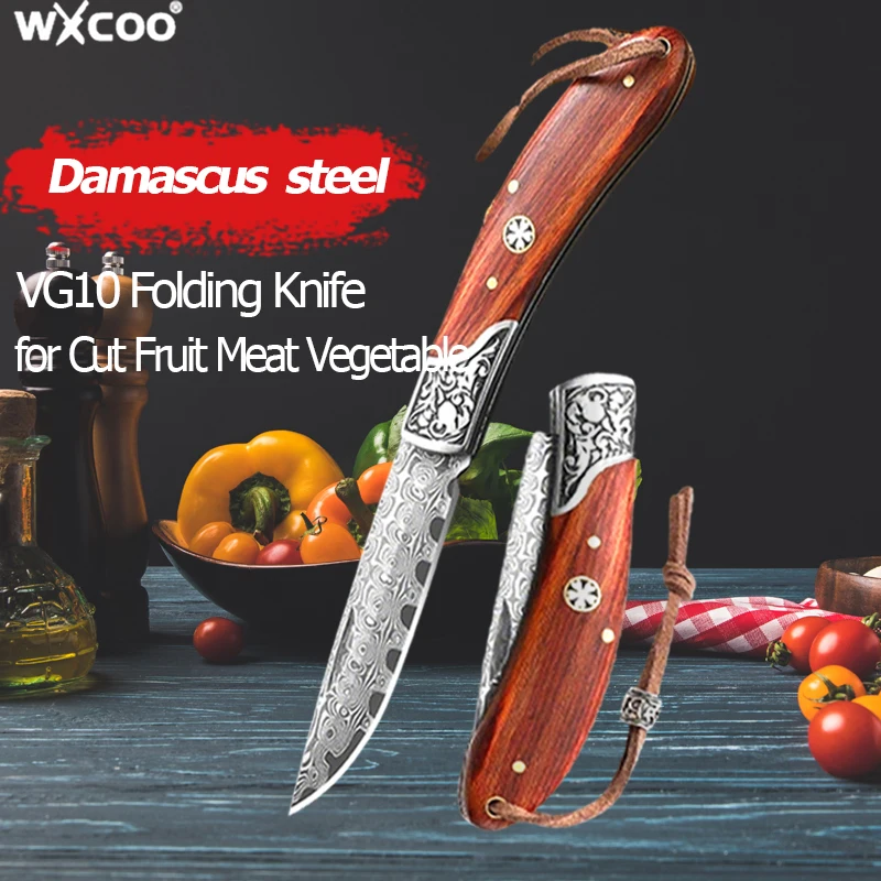 

WXCOO Damascus Steel Fruit Knife Folding Kitchen Knife VG10 Sharp Blade Meat Cleaver Fruit Slicing Chef Pocket Knife with Sheath
