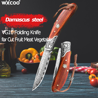 WXCOO Damascus Steel Fruit Knife Folding Kitchen Knife VG10 Sharp Blade Meat Cleaver Fruit Slicing Chef Pocket Knife with Sheath
