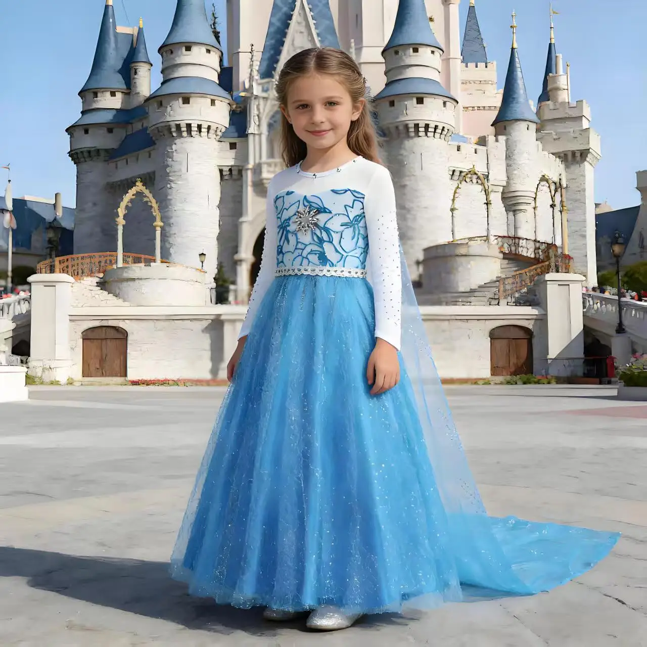 Halloween Movie Frozen Princess Dress Set Sequin Mesh Long Sleeved Elsa Dress + Lace Cape Elsa Festival Performance Costume Suit