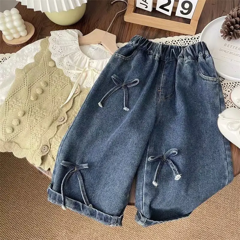 

2025 New Spring and Autumn Girl Baby Loose Version Children's Korean Bow Denim Straight Pants Wide-leg Pants